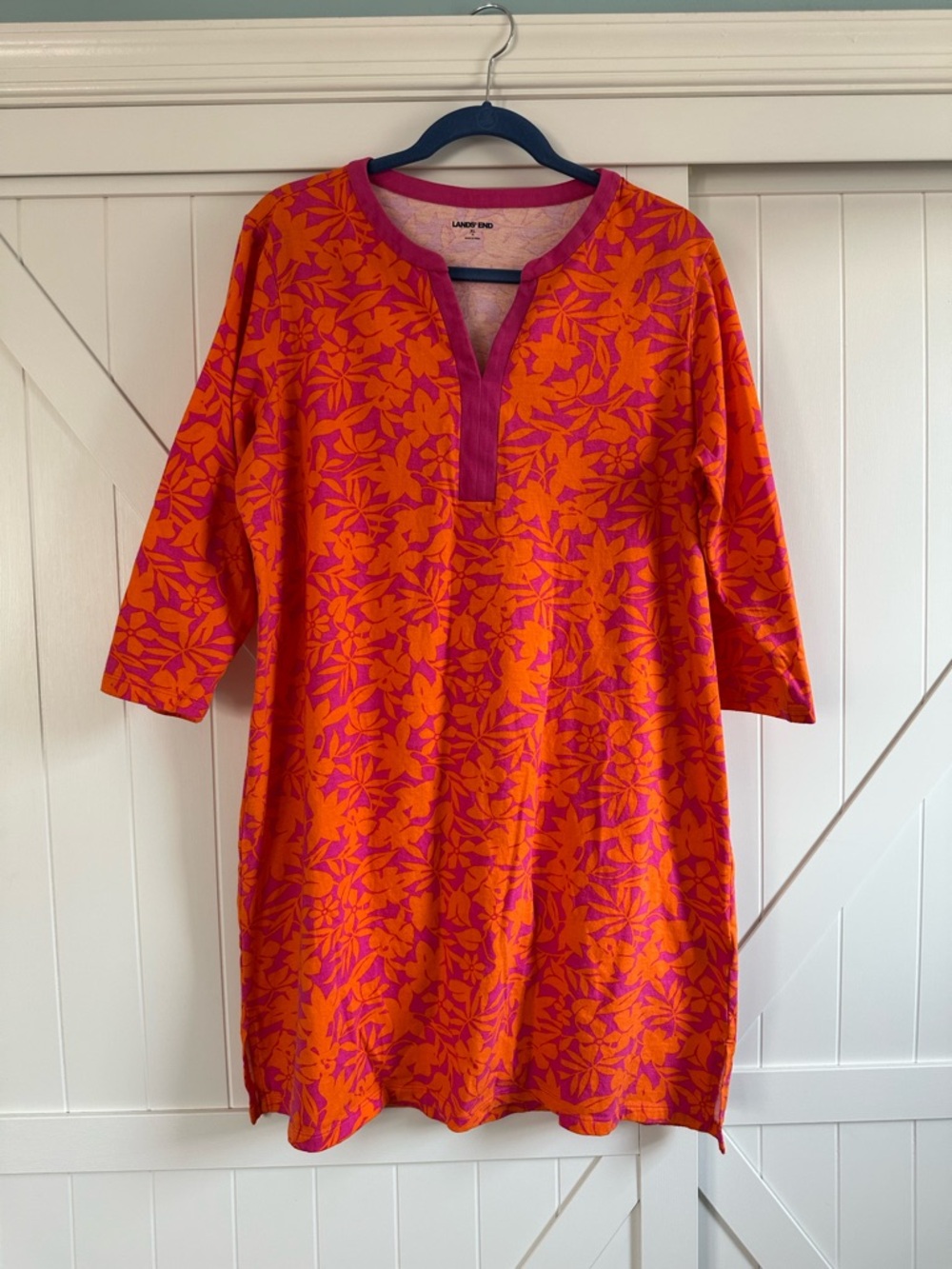 Lands’ End Floral Cotton Shift Tropical Dress XL Pink Orange 3/4 Sleeve Casual